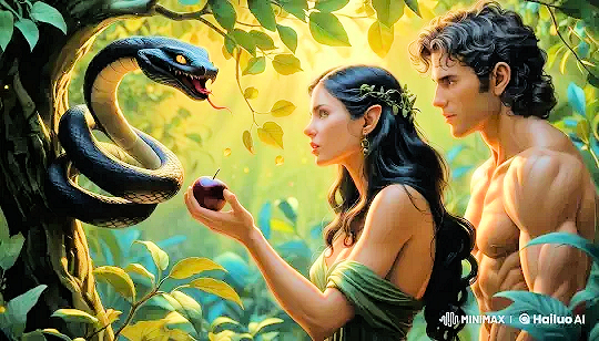 a serpent, Eve wearing a dress, and Adam, generated by AI